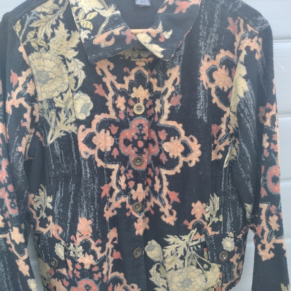 Citron Santa Monica Jacket Womens Large Floral Asian Button Front Black Artsy - Picture 2 of 8